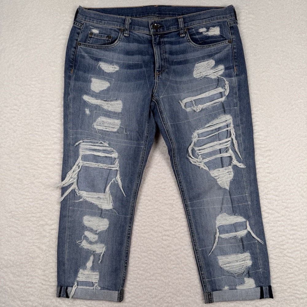 Rag & Bone Jeans Women 31 Cropped Cuffed Low Rise Destroyed Whiskered Denim Blue